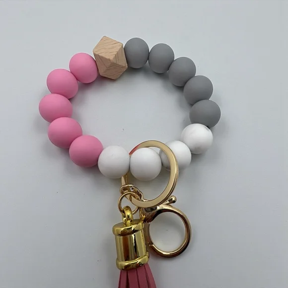 Beaded Silicone Keychain Bracelet Wristlet Pink Gray Marble with Tassel - Picture 2 of 3